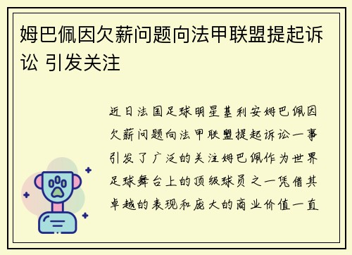 姆巴佩因欠薪问题向法甲联盟提起诉讼 引发关注